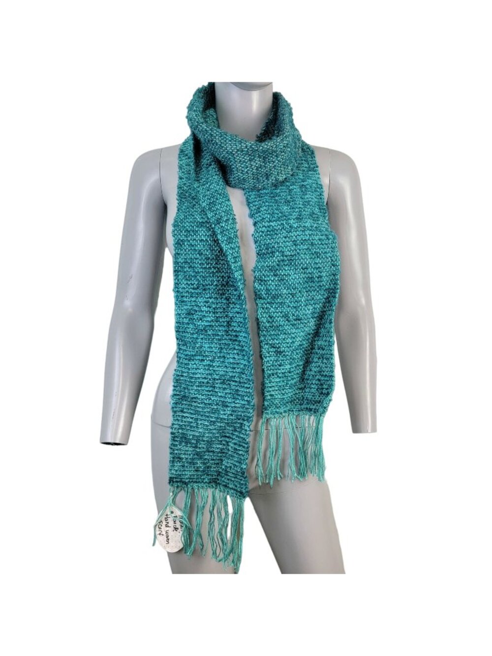 Teal Blue Mohair Boucle Scarf Women Woven Handmade Crochet Knit Fringe Winter